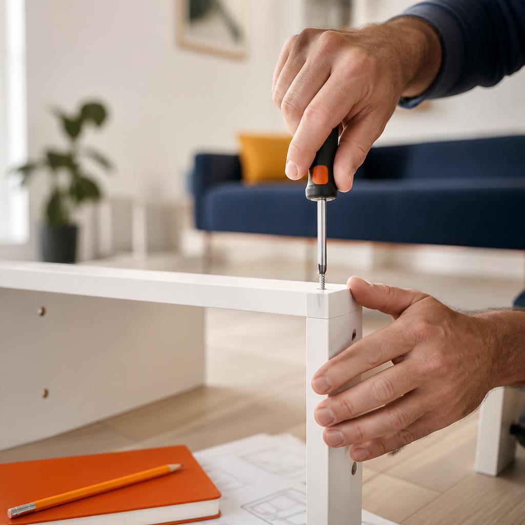 Handen die een wit meubel in elkaar zetten met een schroevendraaier in een lichte woonkamer